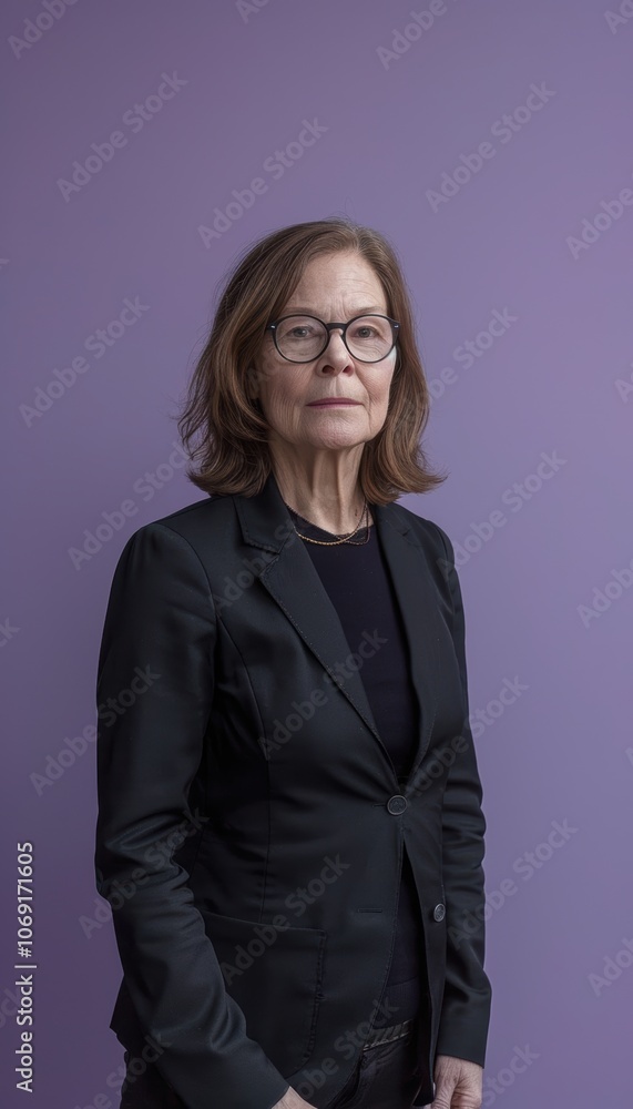 Professional Portrait of Senior Woman in Dark Blazer Against Soft Purple Background Professional Portrait of Senior Woman in Dark Blazer Against Soft Purple Background
