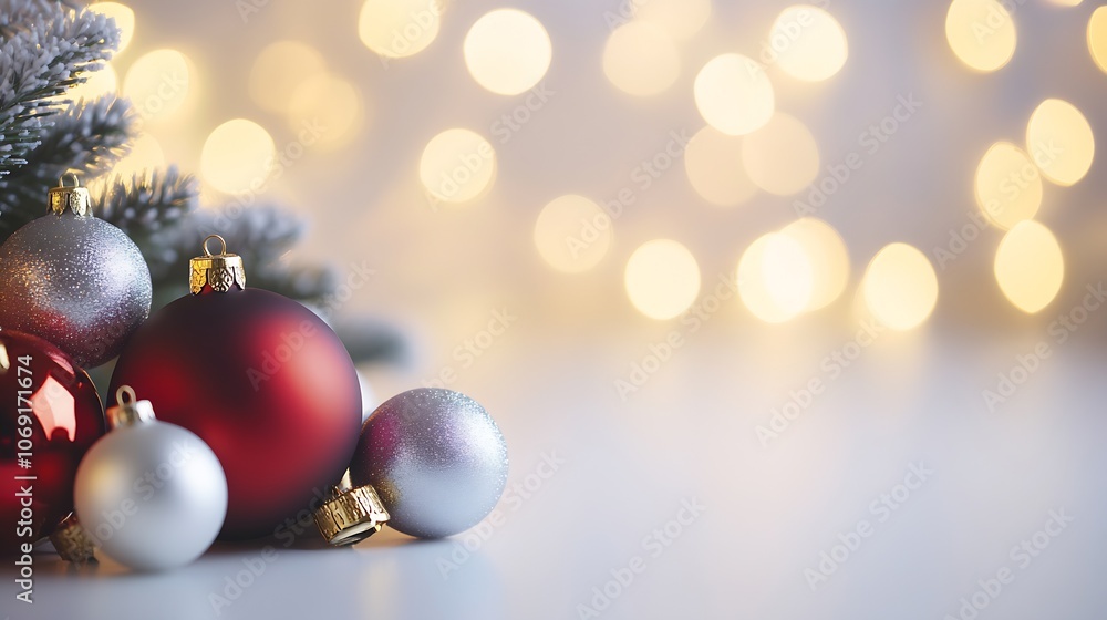Silver and Red Christmas Baubles with Vibrant Bokeh Light in Background : Generative AI Silver and Red Christmas Baubles with Vibrant Bokeh Light in Background : Generative AI