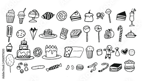 Set of sweets pastry icons. Silhouette line for candy shop, pastry, bakery, cafe, restaurant, confectionery. Desserts for Birthday, holiday, party. Illustrations for menu. Childlike drawing of sweets