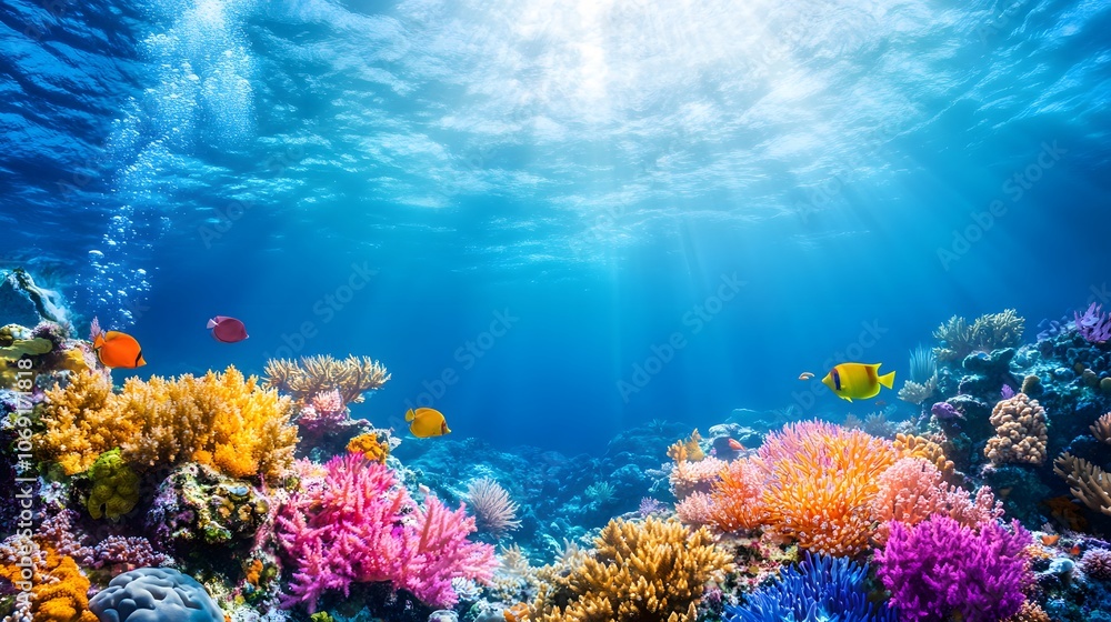 Naklejka premium A vibrant coral reef teeming with colorful fish and diverse marine life, set against crystal clear ocean water