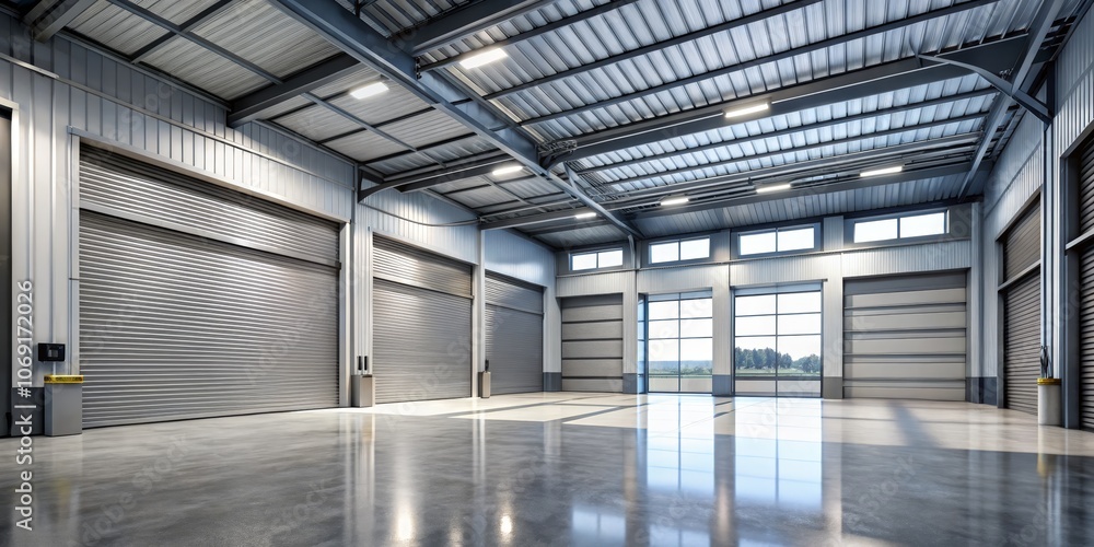 Empty Warehouse Interior with Large Garage Doors, Concrete Floor, Windows, and Bright Lighting, industrial, warehouse, garage door Empty Warehouse Interior with Large Garage Doors, Concrete Floor, Windows, and Bright Lighting, industrial, warehouse, garage door
