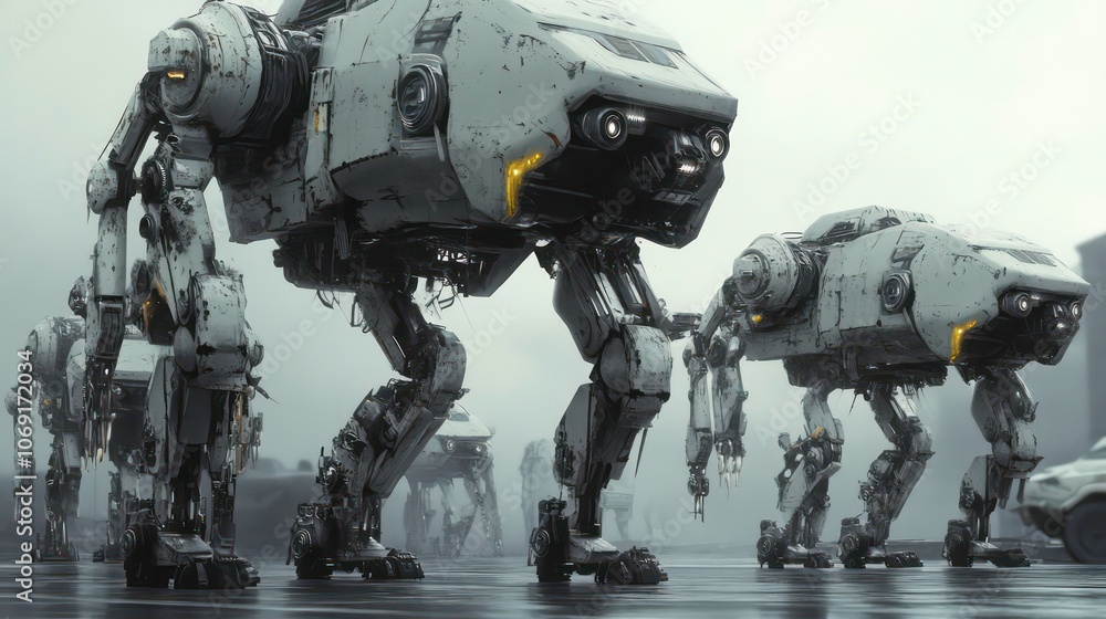 A group of robotic figures walking through a foggy urban landscape. A group of robotic figures walking through a foggy urban landscape.