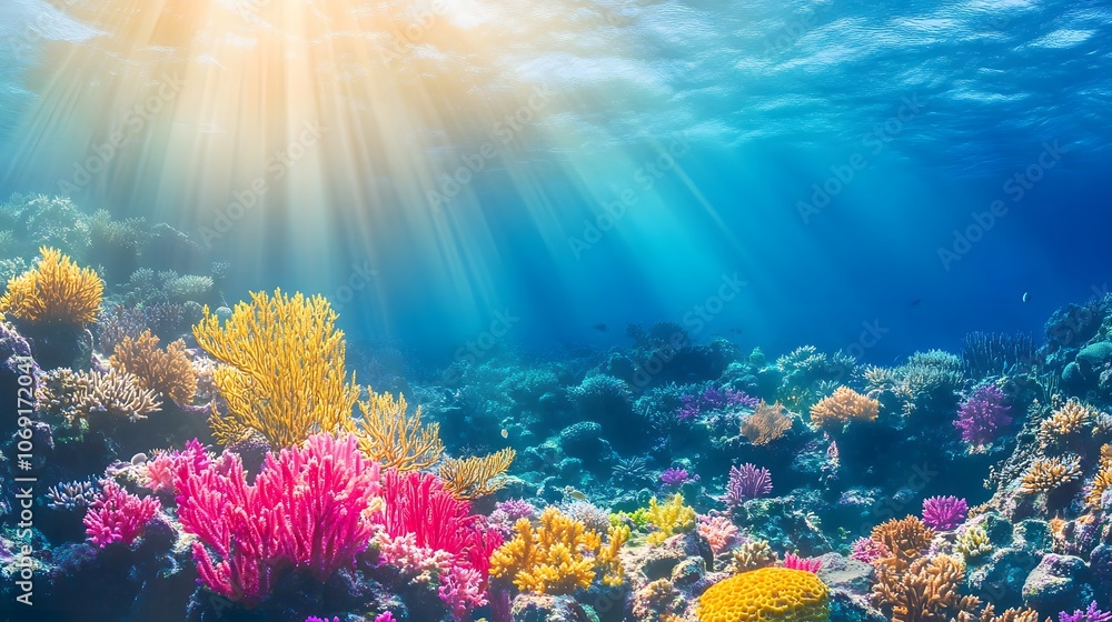 Fototapeta premium A vibrant coral reef with diverse marine life, clear water, and sunlight.