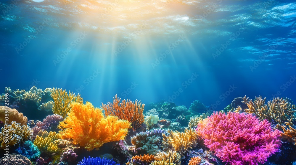 Naklejka premium A vibrant coral reef with diverse marine life, clear water, and sunlight.