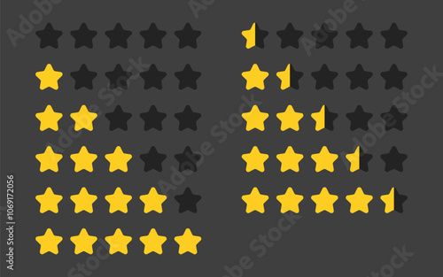 Gold star rating symbols vector collection. Ideal for app design, representing quality service and positive consumer feedback. Yellow five-star rank on black background.