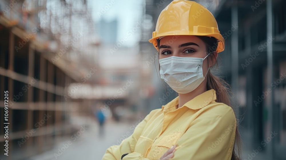 Female Construction Worker Wearing Face Mask Female Construction Worker Wearing Face Mask