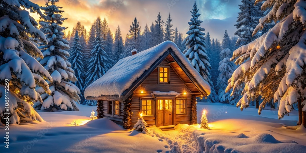 Fototapeta premium Cozy Cabin in a Snowy Forest, Winter Wonderland, Cabin Lights, Snow Covered Trees, Winter Scene, Winter, Cabin