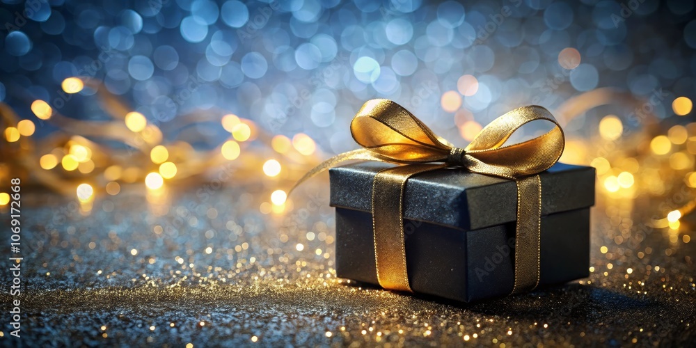 Black Gift Box with Gold Bow on Glitter Background, Gift, Celebration, Holiday Black Gift Box with Gold Bow on Glitter Background, Gift, Celebration, Holiday