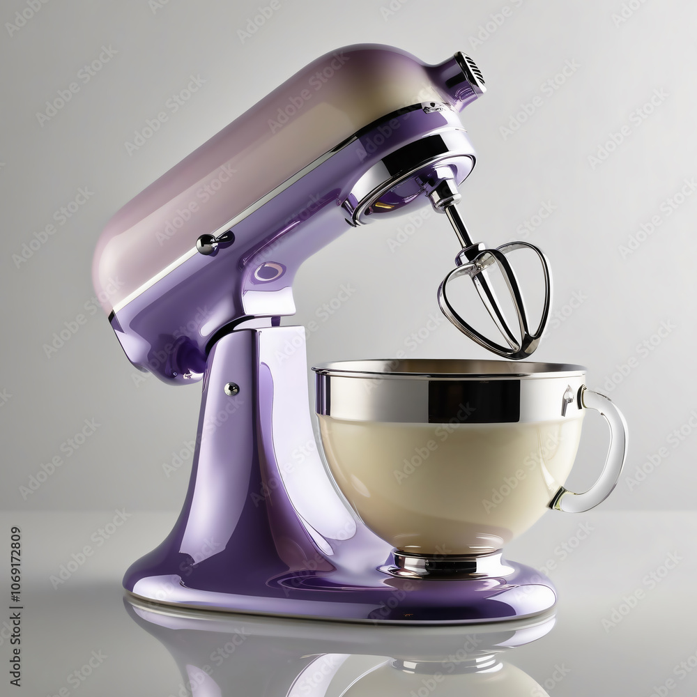 Glass sculpture of cake mixer with lavender to cream gradient, metallic beaters, sleek design, glossy finish, light gray background, generative ai Glass sculpture of cake mixer with lavender to cream gradient, metallic beaters, sleek design, glossy finish, light gray background, generative ai