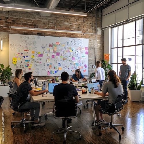 A vibrant creative agency on a busy day, with team members actively brainstorming and engaging with whiteboards covered in ideas photo