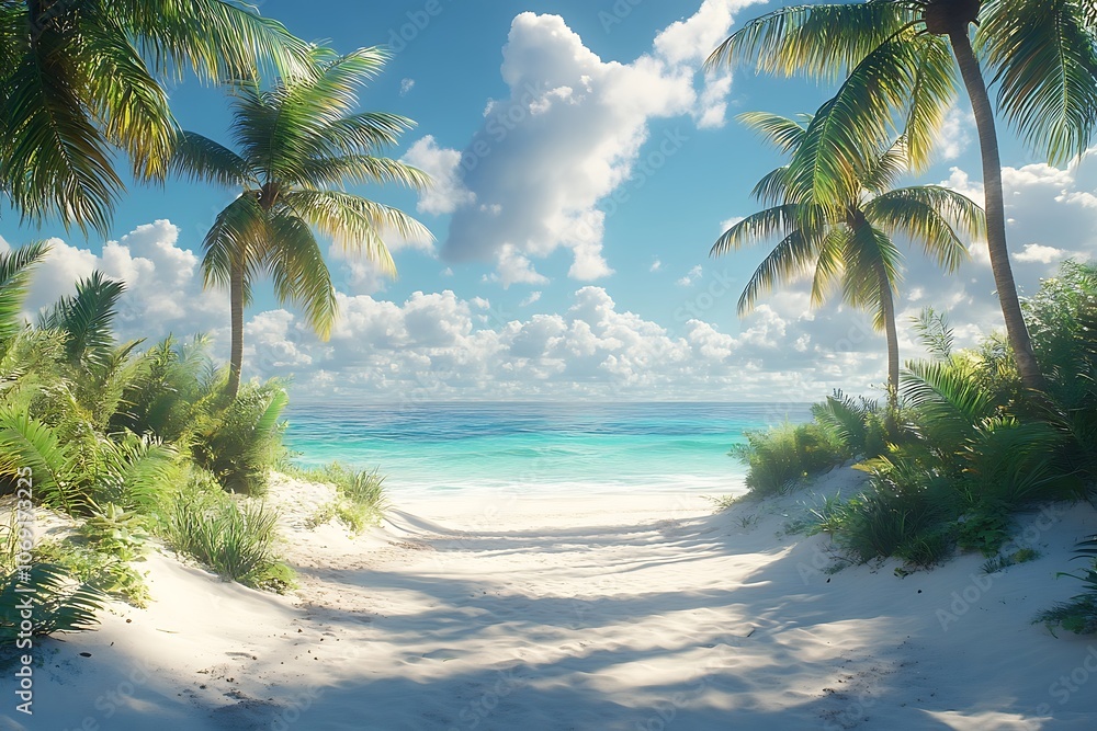 Obraz premium Secluded Tropical Beach Path with Lush Foliage and Azure Waters