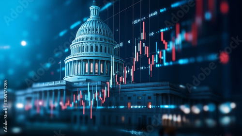 The Capitol Building against a deep blue sky, with digital candlestick charts and economic data floating across the image.