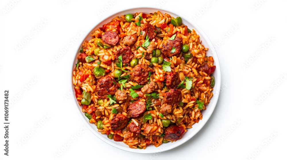A delicious serving of rice with sausage and vegetables, garnished with herbs. A delicious serving of rice with sausage and vegetables, garnished with herbs.