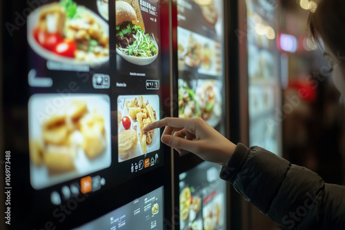 Selective focus to customer's hand is touching a touch screen to order food and pay electronically. Bright photo. 
