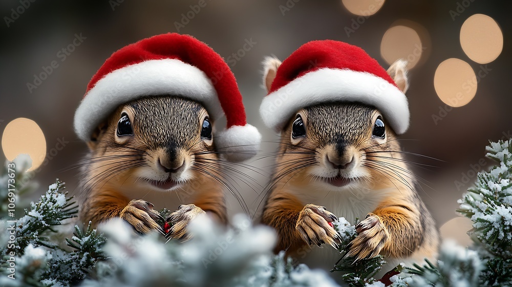 Two Adorable Squirrels Wearing Santa Hats in Festive Winter Wonderland Scene : Generative AI Two Adorable Squirrels Wearing Santa Hats in Festive Winter Wonderland Scene : Generative AI