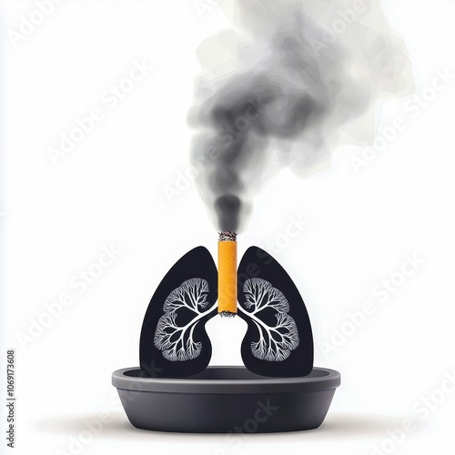 A cigarette extinguished in an ashtray, with black smoke forming a shadow of damaged lungs.