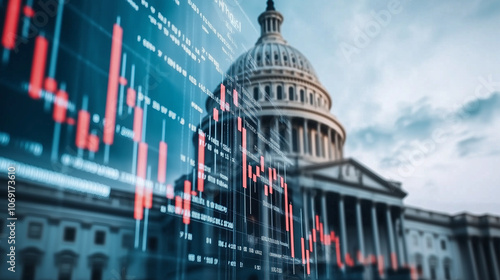 The Capitol Building with a digital overlay of stock market candlesticks and financial news headlines, tying politics with the economy.