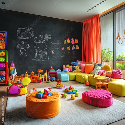 A vibrant kids' room bursting with colorful furniture, a playful chalkboard wall, and an array of toys, creating an engaging and lively environment for children to play and learn. photo