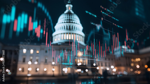 The Capitolâs dome overlaid with floating stock symbols and line graphs, symbolizing economic regulation and market impact.