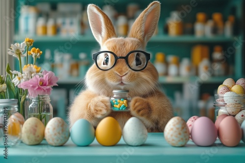 Easter bunny doctor with colorful medicine in a springtime setting