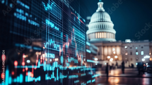 The Capitol Building with a digital overlay of economic trends, including rising and falling indexes, to showcase market responsiveness to policy.