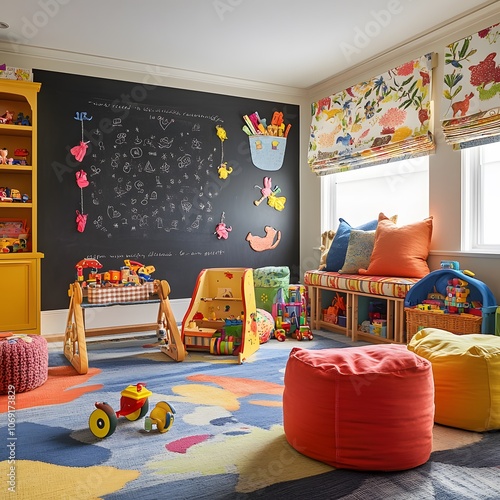 A vibrant kids' room bursting with colorful furniture, a playful chalkboard wall, and an array of toys, creating an engaging and lively environment for children to play and learn. photo