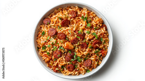 A bowl of rice mixed with sausage and garnished with green onions.