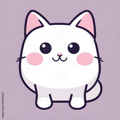 Adorable White Chubby Cat with Pink Cheeks in Kawaii Style