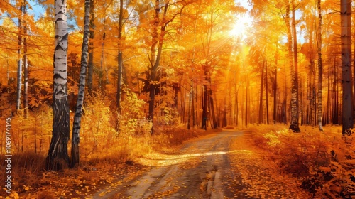 Golden Autumn Path Sunlight Through Vibrant Trees in a Colorful Fall Forest Landscape