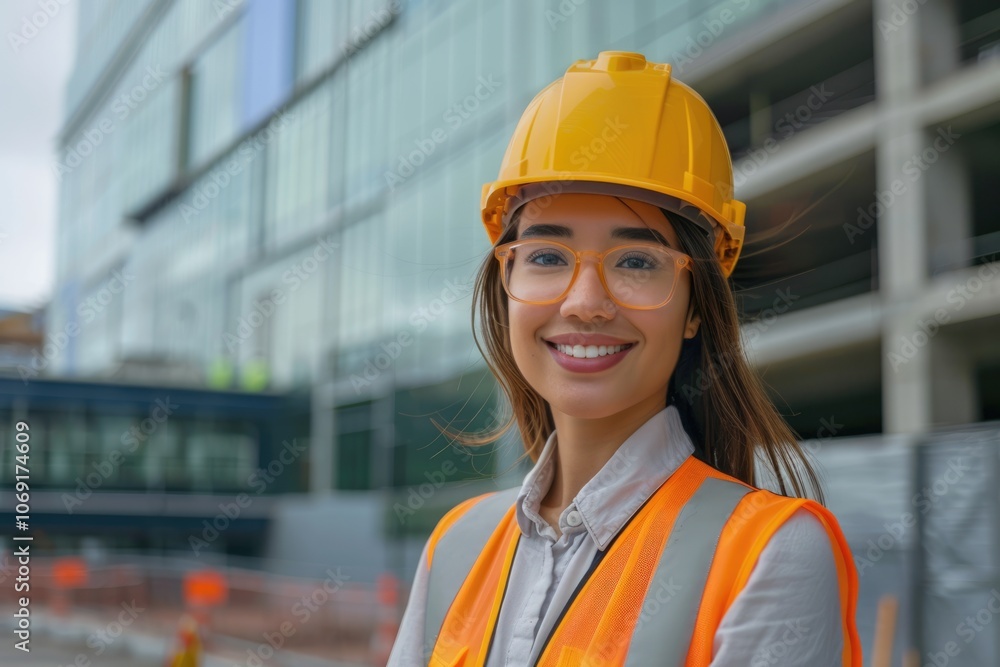 Confident mixed race female construction engineer in front of office building. Confident mixed race female construction engineer in front of office building.