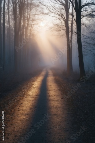 A Stream of Light Illuminates a Forest Path at Dusk. photo