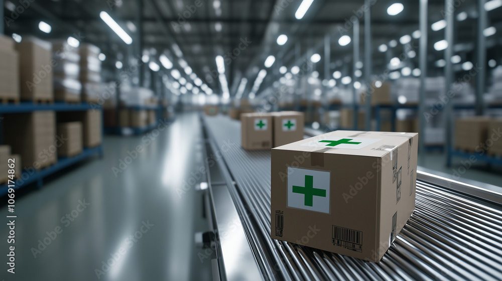 A modern warehouse with boxes marked by green crosses on a conveyor, reflecting organized and reliable medical supply distribution. A modern warehouse with boxes marked by green crosses on a conveyor, reflecting organized and reliable medical supply distribution.