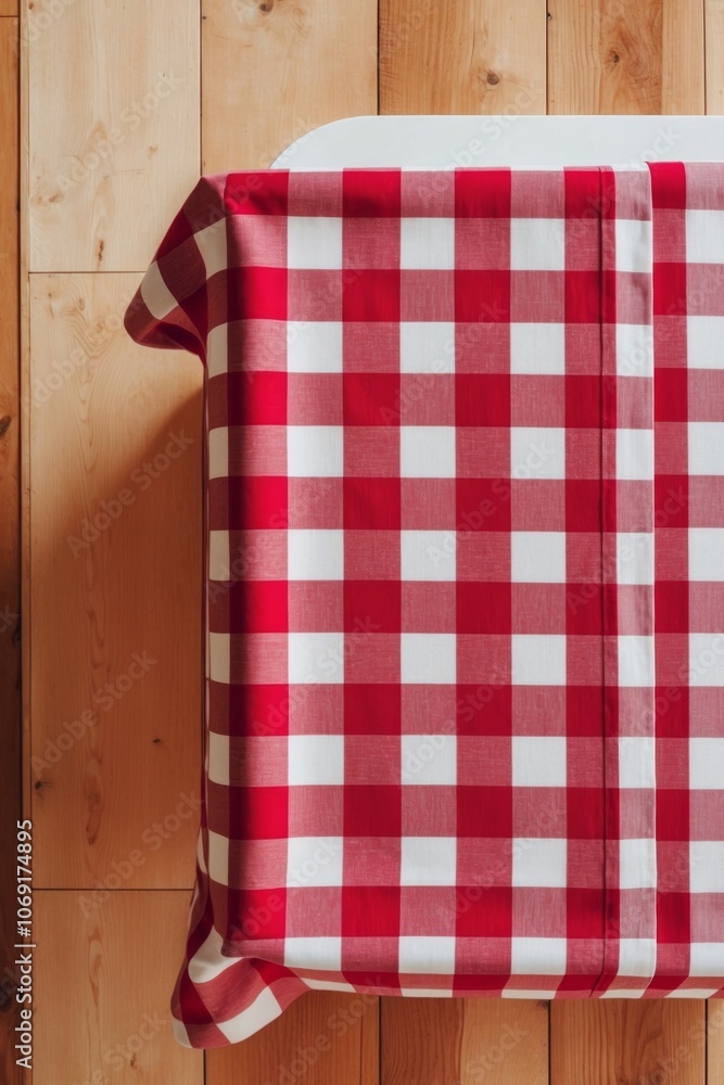 top view of red checkered tablecloth with over wooden background. top view of red checkered tablecloth with over wooden background.