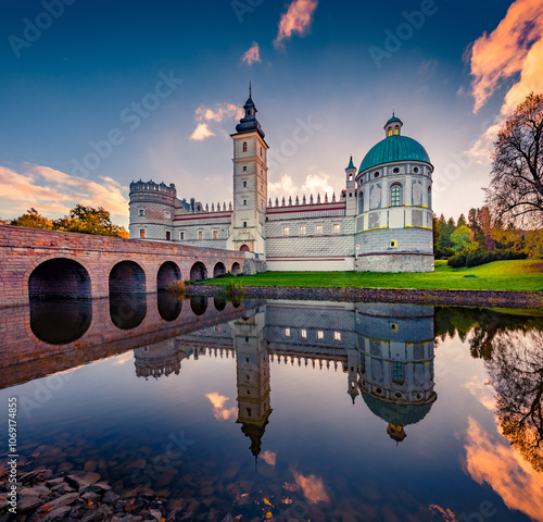 Fantastic morning view of Krasiczyn Castle. Picturesque autumn cityscape of Krasiczyn, village in Przemysl County, Subcarpathian Voivodeship, in south-eastern Poland, Europe.