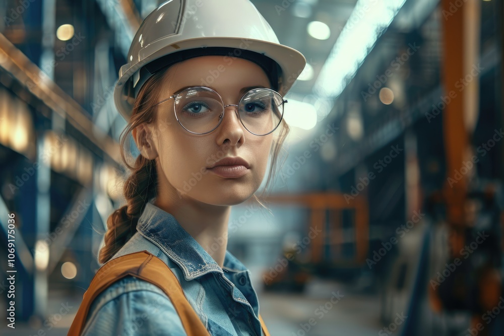 Portrait of female engineer in steel factory wearing uniform. Portrait of female engineer in steel factory wearing uniform.