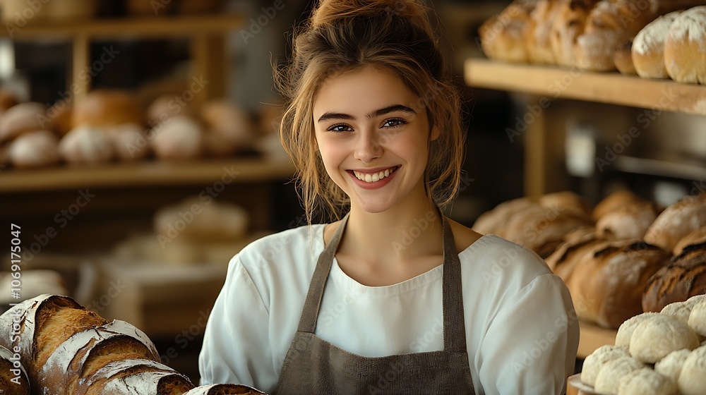Obraz premium Joyful female baker presenting delicious fresh bread in charming rustic bakery : Generative AI