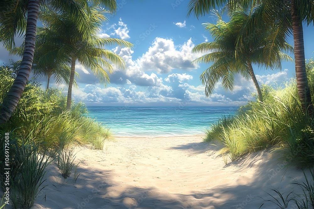 Obraz premium Sunlit Beach Path Through Palm Trees and Foliage