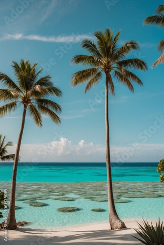 Tropical Island with Palm Trees and Coral Reefs Under Water.