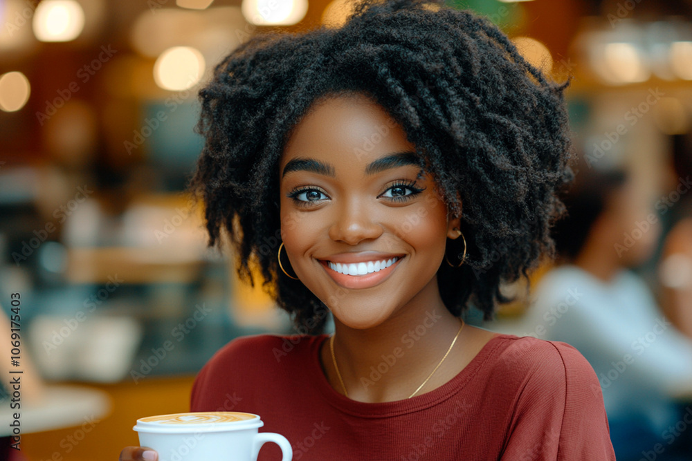 A young African woman in terracotta blouse enjoying a hot cup of coffee in a stylish, modern cafe setting. Copy space. A young African woman in terracotta blouse enjoying a hot cup of coffee in a stylish, modern cafe setting. Copy space.