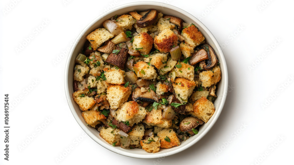 A bowl of savory stuffing with bread, mushrooms, and herbs, ready for a meal. A bowl of savory stuffing with bread, mushrooms, and herbs, ready for a meal.