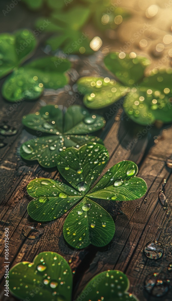 Photorealistic St. Patrick's Day Card Featuring a Four Leaf Clover with Water Droplets Photorealistic St. Patrick's Day Card Featuring a Four Leaf Clover with Water Droplets