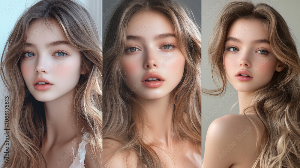 Collage of 4 Portrait Photos of a Girl with Wavy Hair Collage of 4 Portrait Photos of a Girl with Wavy Hair