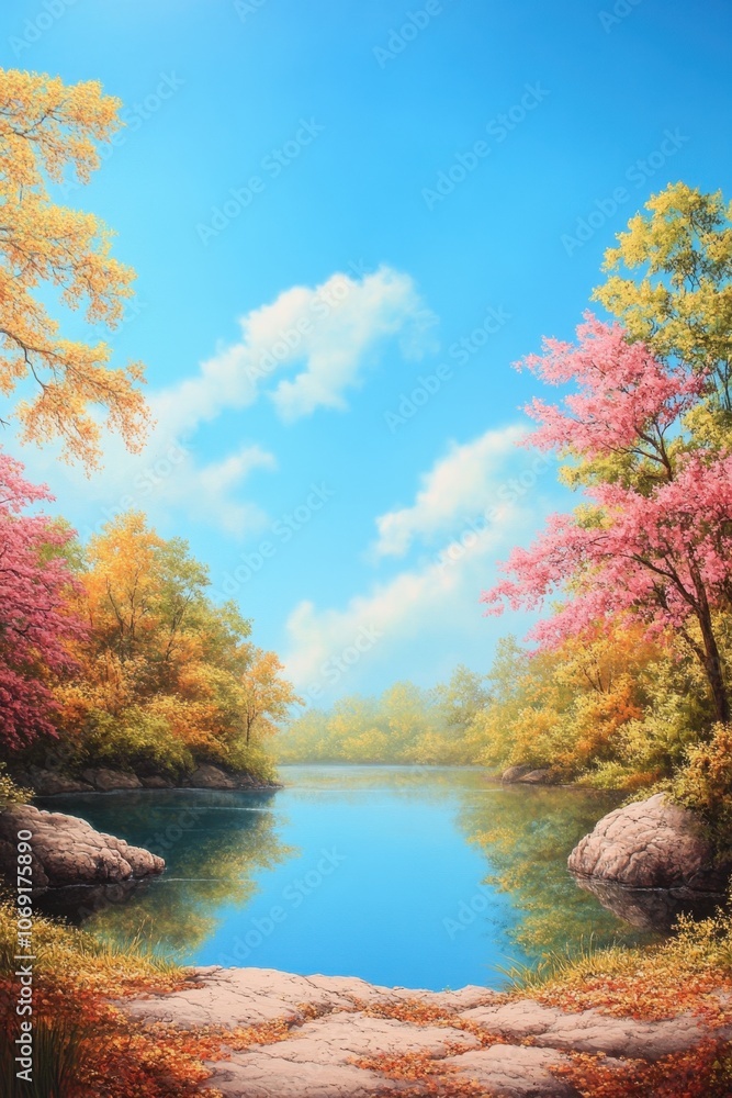Serene autumn landscape with colorful foliage and a tranquil lake Serene autumn landscape with colorful foliage and a tranquil lake