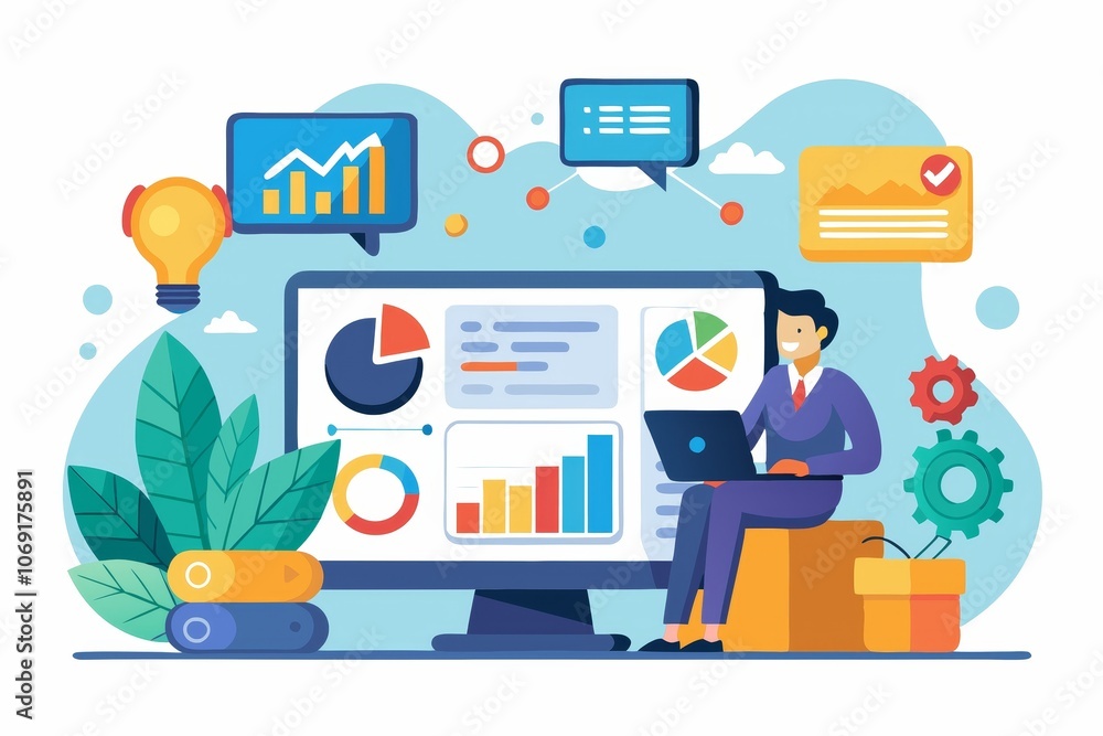 A businessman is analyzing data on his computer, surrounded by charts and graphs. This symbolizes business strategy, data analysis, financial growth, project management, and technological advancements A businessman is analyzing data on his computer, surrounded by charts and graphs. This symbolizes business strategy, data analysis, financial growth, project management, and technological advancements