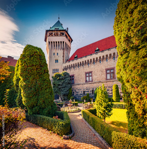 Astonishing autumn view of Smolenicky castle. Stunning morning cityscape of Smolenice village, municipality of Trnava District, Slovakia, Europe. Traveling concept background.