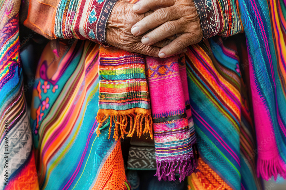 Close Up of Colorful Traditional Latin America Textiles Held by an Elderly Craftsman Close Up of Colorful Traditional Latin America Textiles Held by an Elderly Craftsman