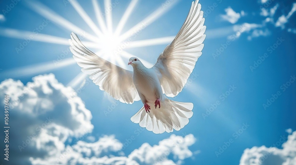 Obraz premium White dove flying in the sky symbolizing freedom, peace, and spirituality