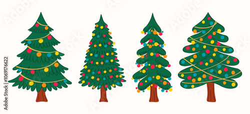 Hand drawn Christmas tree set. Cute festive doodle illustration for kids