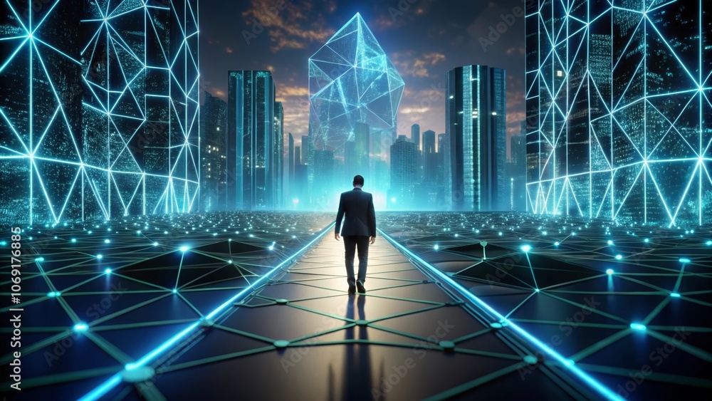 A businessman walks down a glowing pathway towards a futuristic cityscape, representing progress, technology, and a path towards a brighter future. A businessman walks down a glowing pathway towards a futuristic cityscape, representing progress, technology, and a path towards a brighter future.