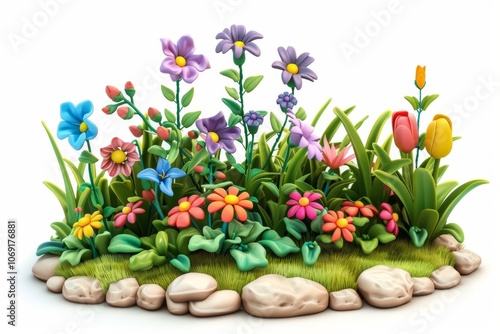 Vibrant cartoon garden illustration with colorful flowers and stones